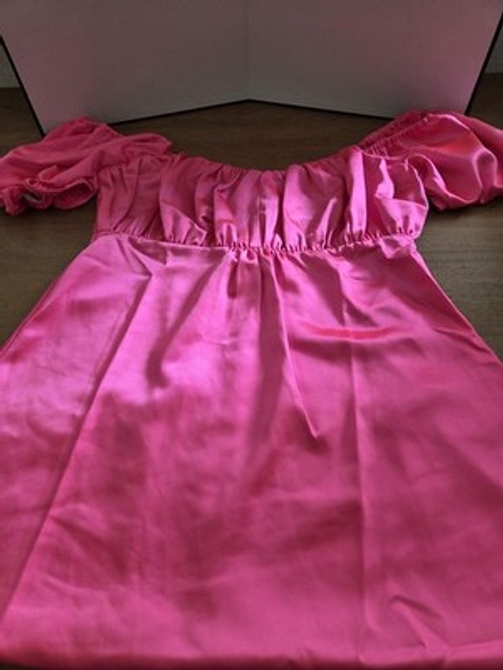 NWT S'EDGE Hot Pink Satin Puff Sleeve Mini Dress Women's M Smocked Back Babydoll